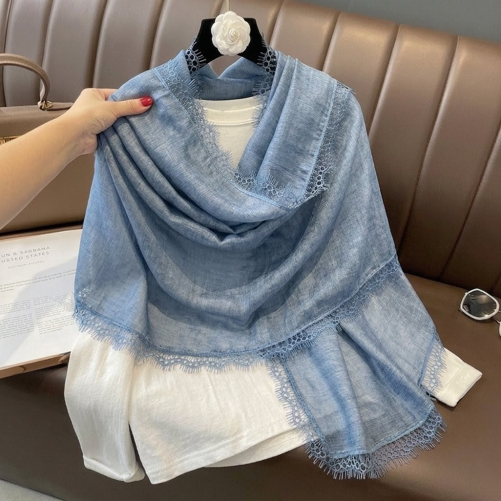Stylish Light Blue New Japanese Travel Sunscreen Literary Retro Women's Summer Friendly All-match Solid Color Long Cotton Lace Hijab / Orna