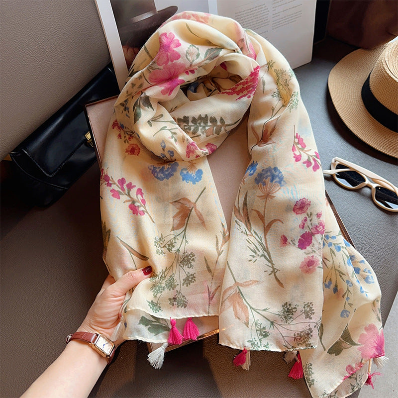 Imported Multicolored Floral Printed Super Soft Long Tassel Hijab / Orna