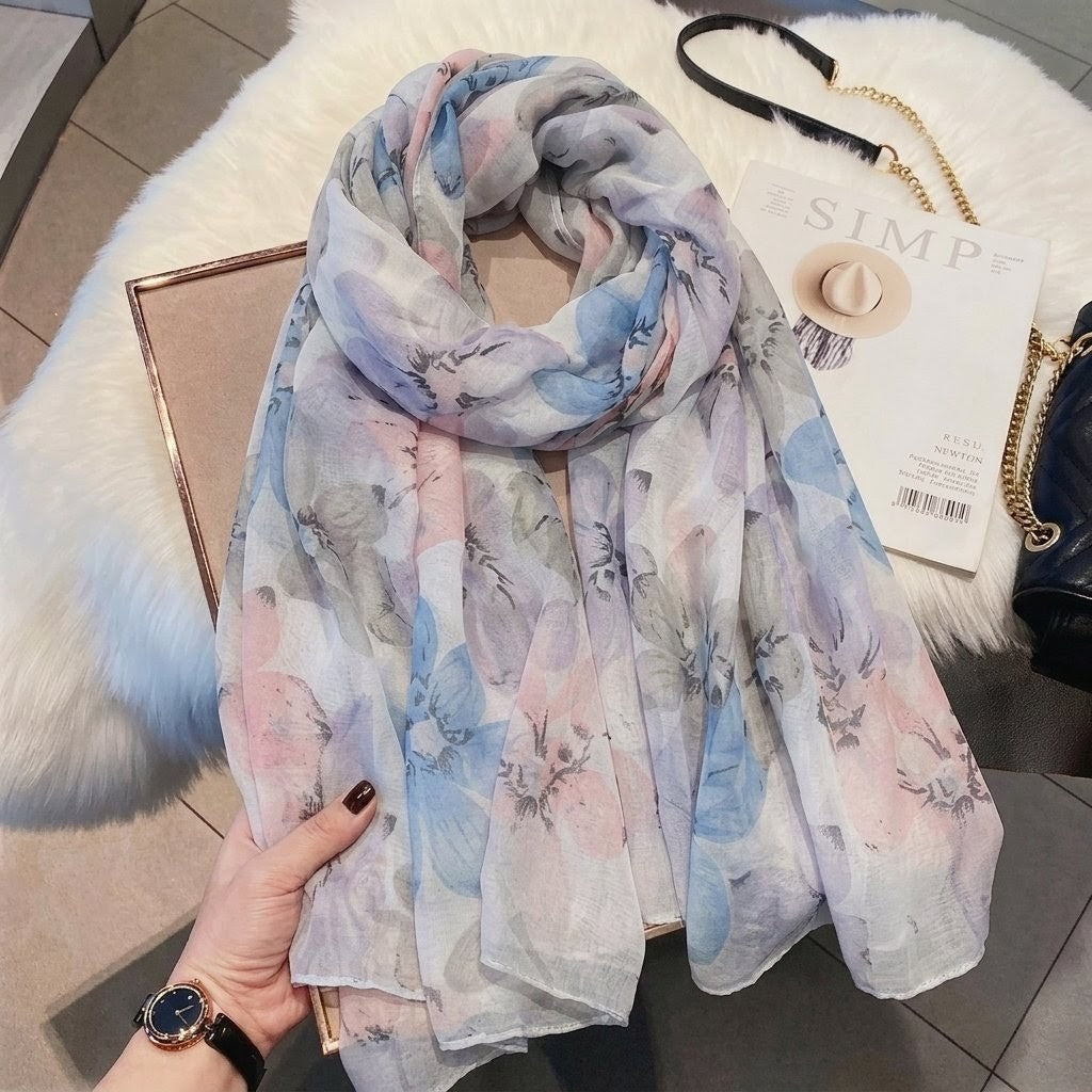 Pretty pink colour floral printed long soft hijab / orna