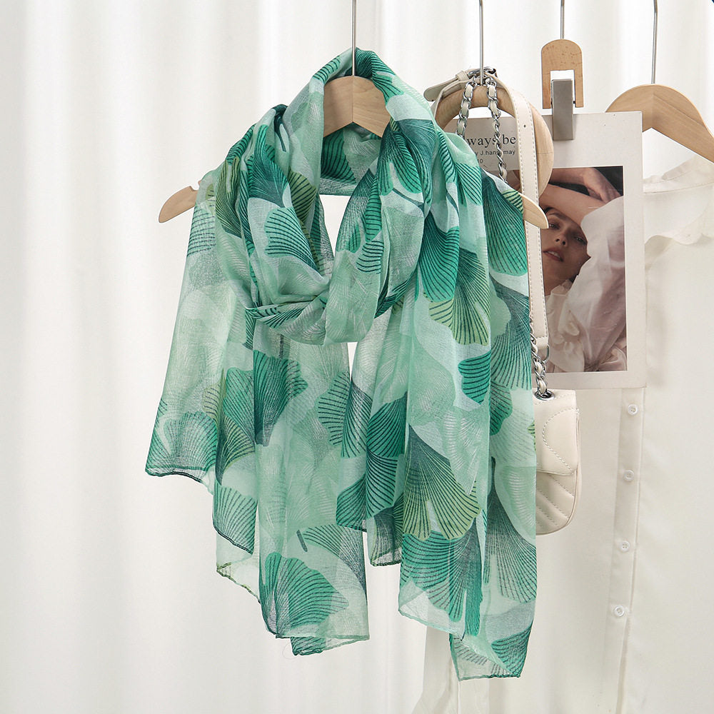Beautiful Green Imported Gingko Leaf Printed Soft Summer Friendly Long Hijab / Orna