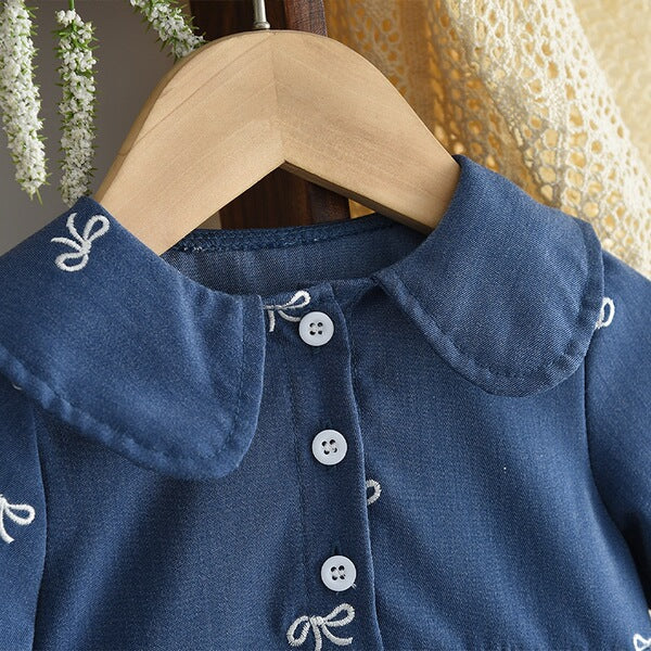 Imported Baby Girl Flower Embroidered Blue Color Lapel New Baby Girl Long-Sleeved Pullover Princess Dress