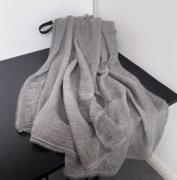 Elegant Grey Color Lace Pleated Artistic Imported Premium Soft Cotton Lace Hijab / Orna