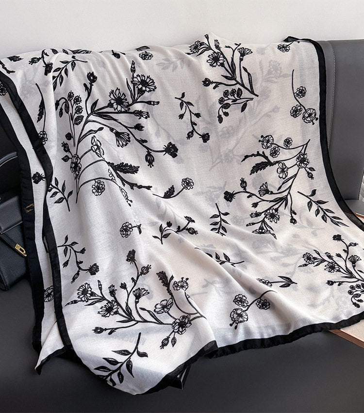 Beautiful Black & White Color Imported Summer Friendly Floral Printed Long Hijab / Orna