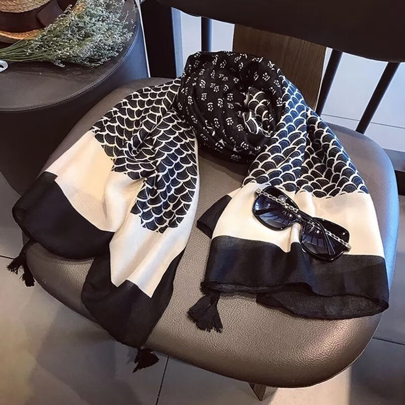 Stunning Black & Cream Ethnic Style Printed Summer Friendly Long Tassel Hijab / Orna