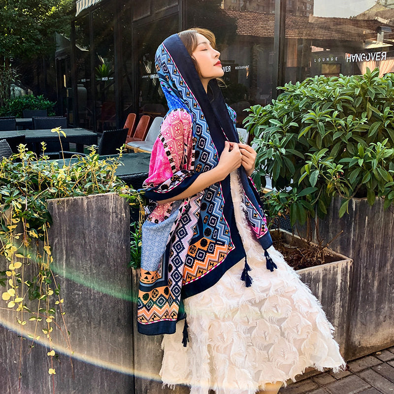 Multicolor Ethnic Style Printed Soft Long Summer Friendly Tassel Hijab / Orna