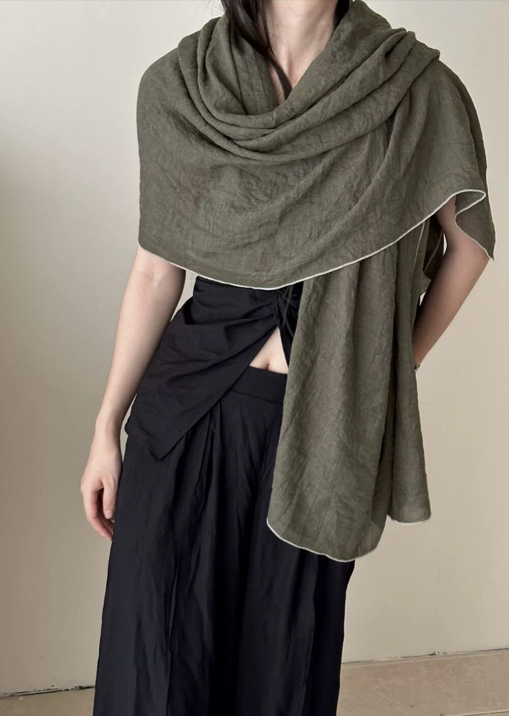 Classy Military Green Japanese-Style Imported Summer Friendly Long Wrinkled Cotton Hijab / Orna