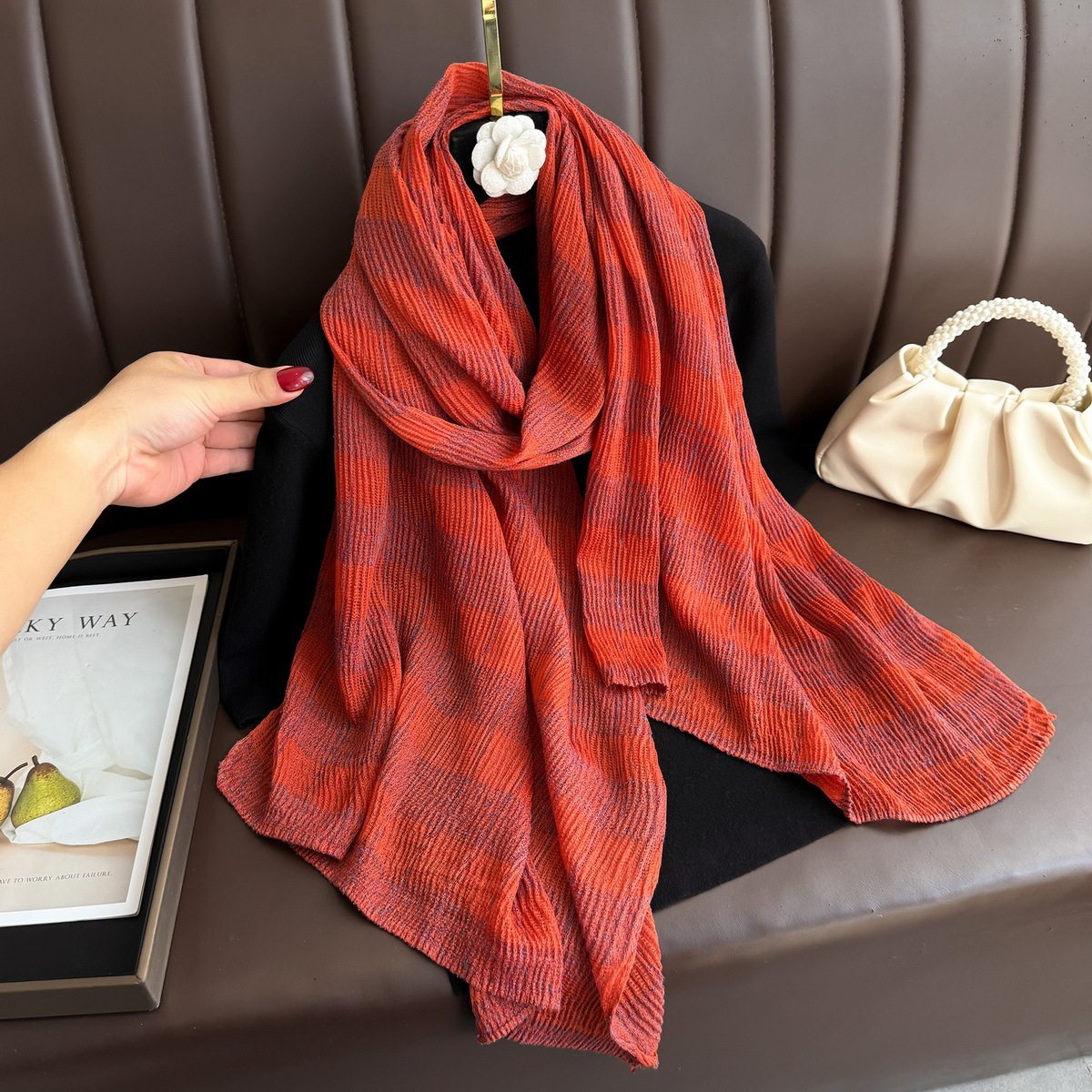 Gorgeous Red Imported Double-Sided Plaid Cotton Scarf with Gold Thread Decorative Casual Versatile Striped