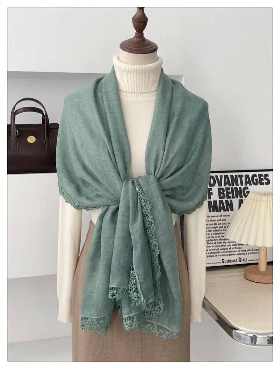 Classy Lake Green Artistic Lace Edged Imported Premium Summer Friendly Cotton Hijab / Orna
