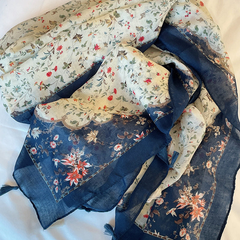 Elegant Navy Blue Floral Printed Imported Summer Friendly Long Tassel Hijab / Orna