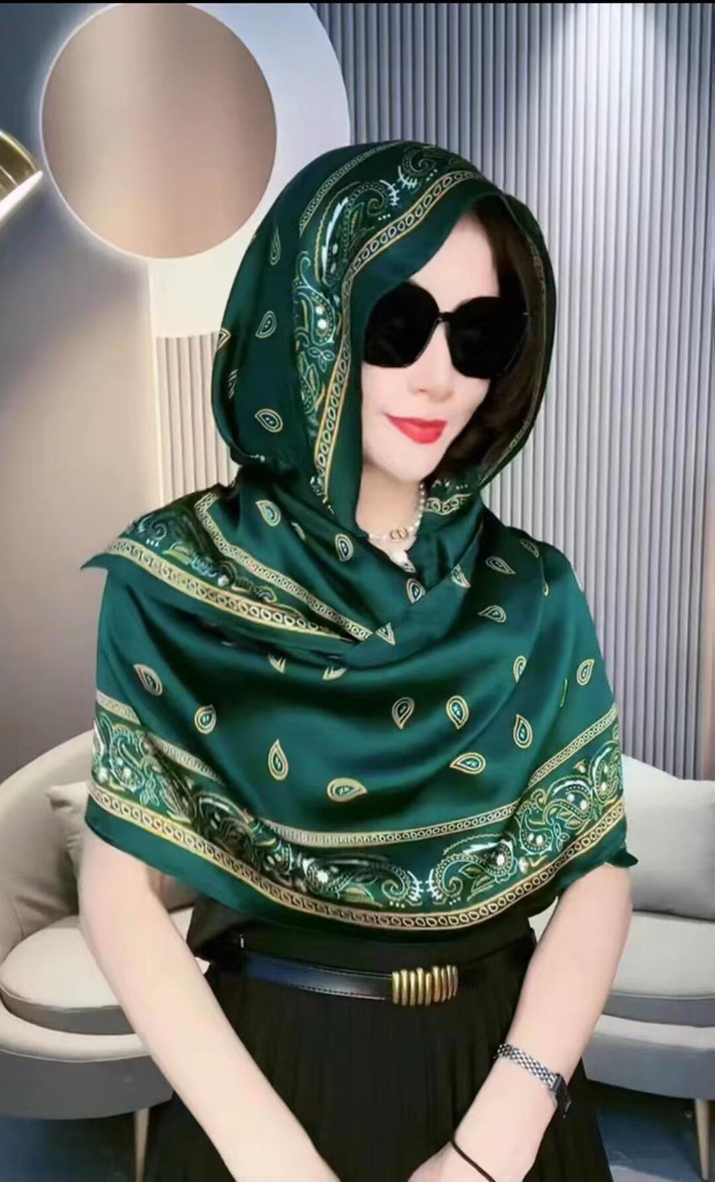 Elegant green colour floral printed silk hijab