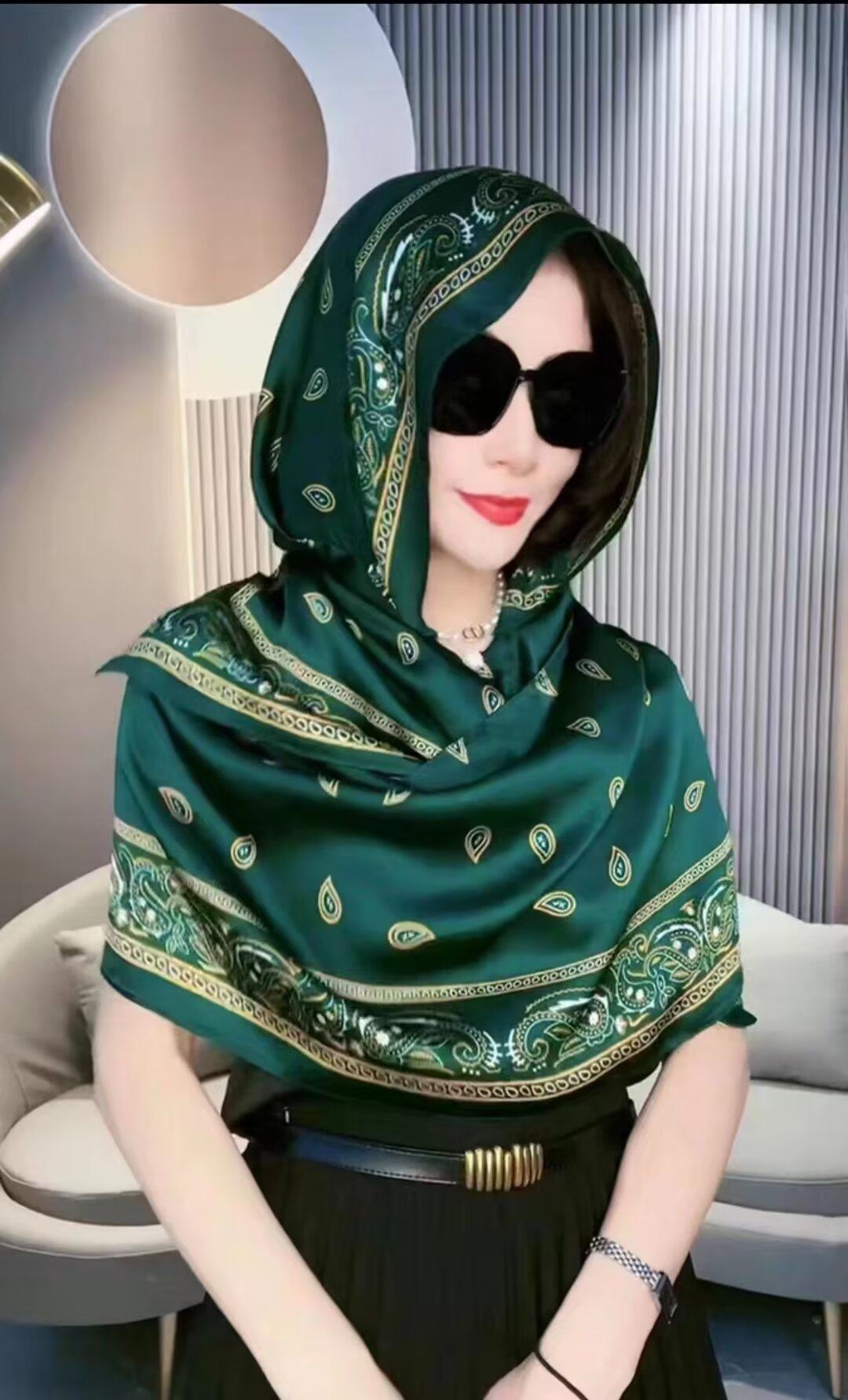 Elegant green colour floral printed silk hijab