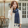 Beautiful navy blue printed long tassel cotton hijab