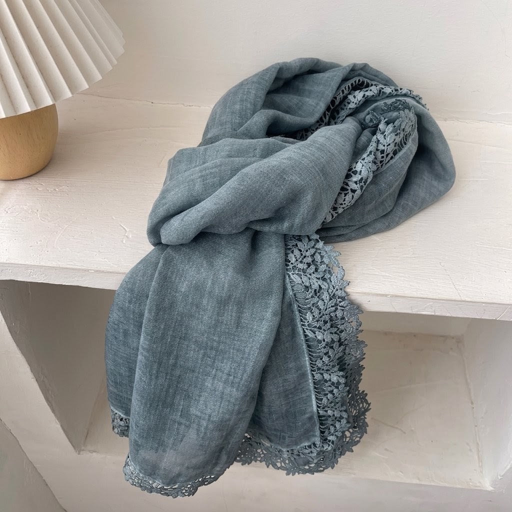 Elegant Dusty Blue Artistic Lace Edged Imported Premium Summer Friendly Cotton Hijab / Orna