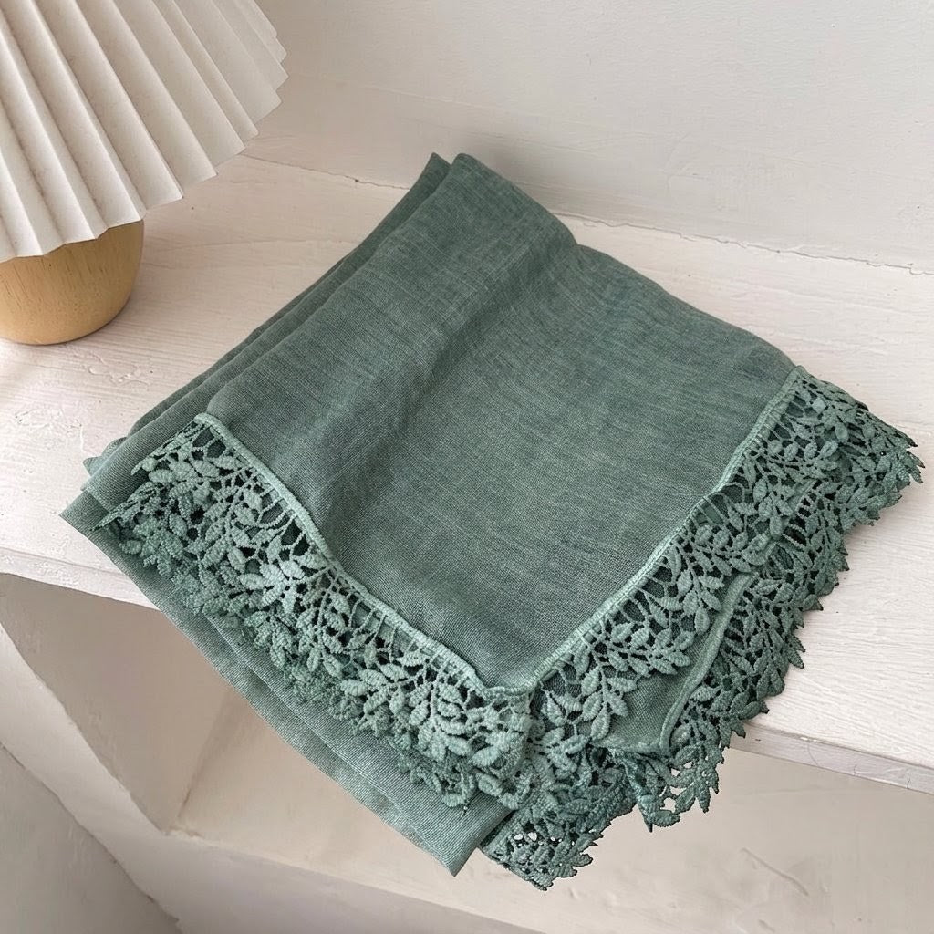 Classy Lake Green Artistic Lace Edged Imported Premium Summer Friendly Cotton Hijab / Orna