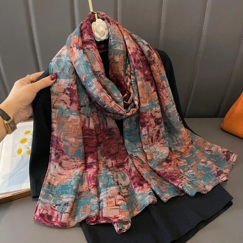 Classy Orange Blue Printed Soft Lightweight Long Hijab / Orna
