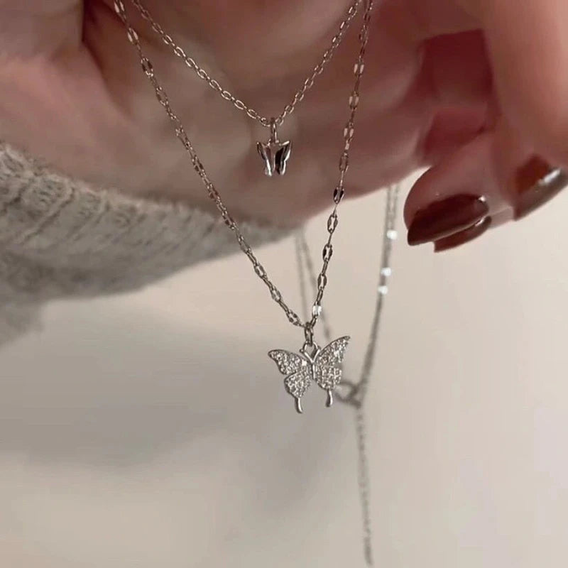 Beautiful silver color double layer butterfly pendant necklace