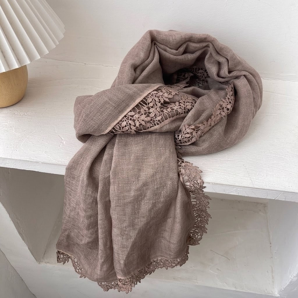 Stunning Khaki Color Artistic Lace Edged Imported Premium Summer Friendly Cotton Hijab / Orna