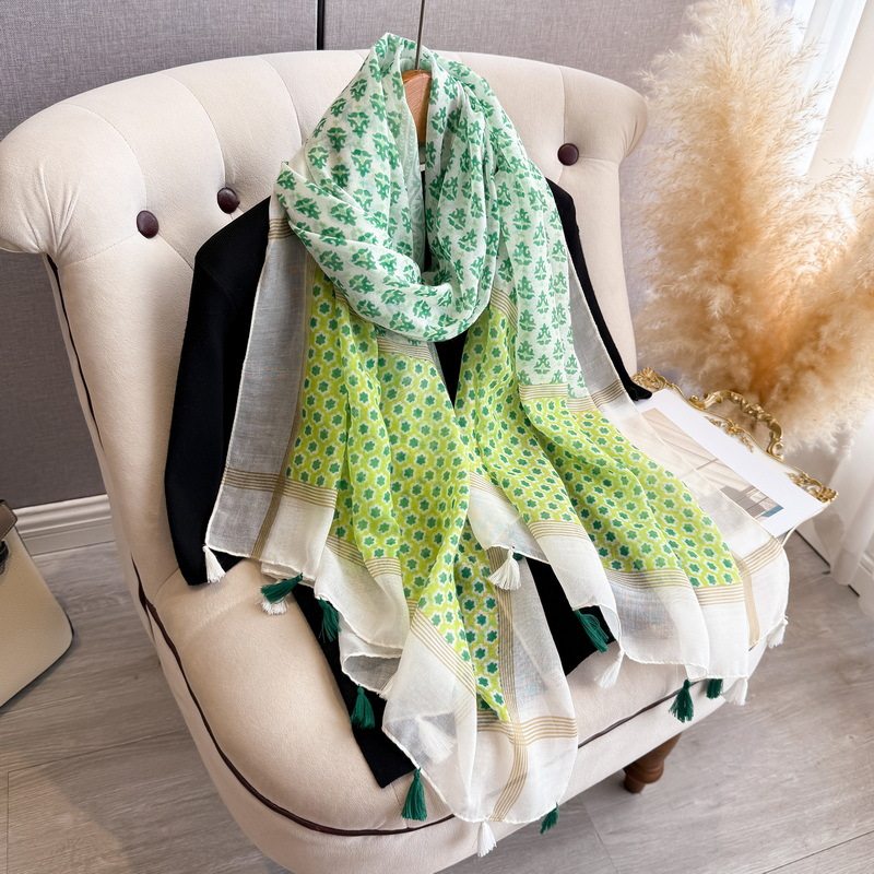 Exotic Green Printed Long Soft Imported Summer Friendly Tassel Hijab / Orna