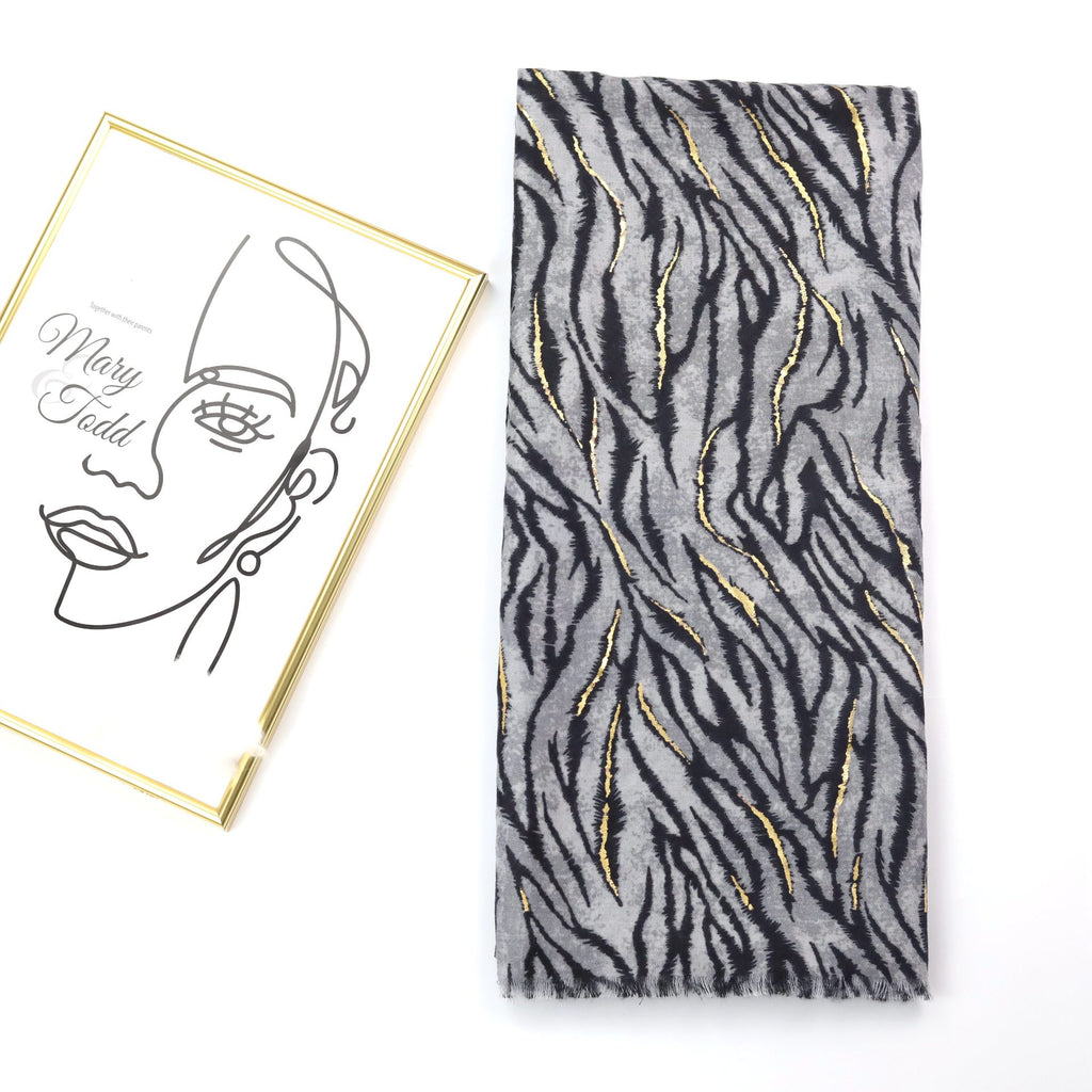 Elegant Black Gray Color High Quality Imported Zebra Printed Long Party Hijab / Orna Adorned With Elegant Golden Detailing