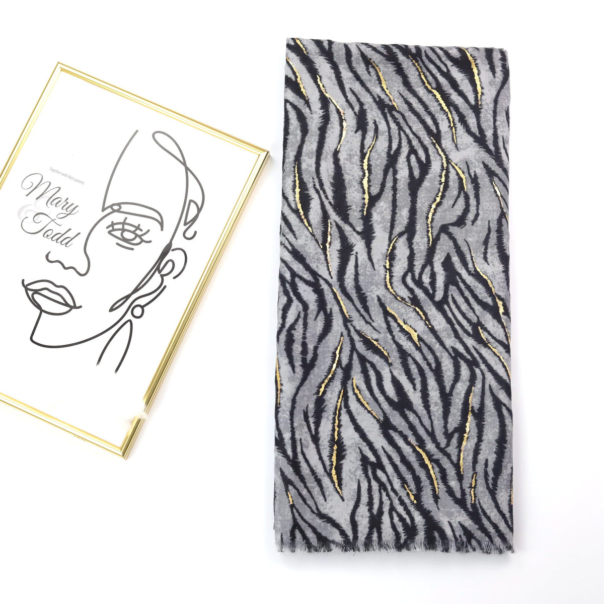 Elegant Black Gray Color High Quality Imported Zebra Printed Long Party Hijab / Orna Adorned With Elegant Golden Detailing