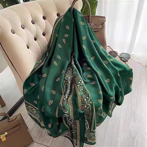 Elegant green colour floral printed silk hijab