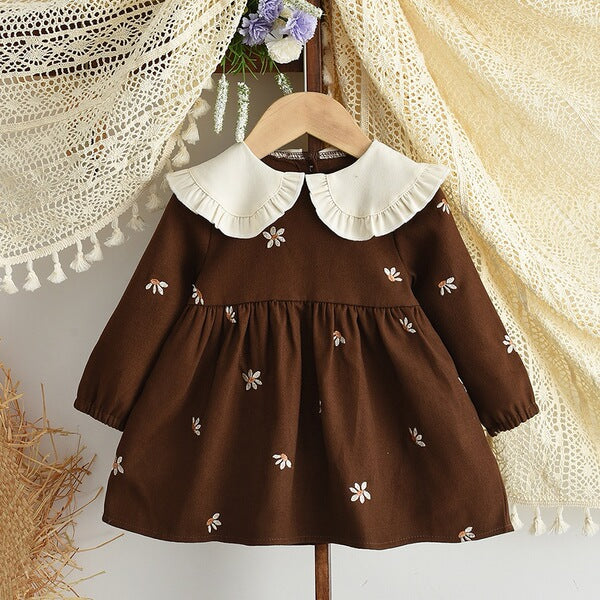 Imported Baby Girl Flower Embroidered Brown Color Lapel New Baby Girl Long-Sleeved Pullover Princess Dress