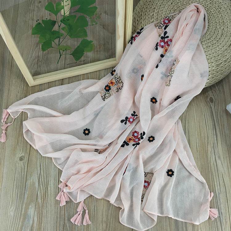 New Ethnic Style Embroidered Baby Pink Flower Cotton Tassel Hijab/Orna