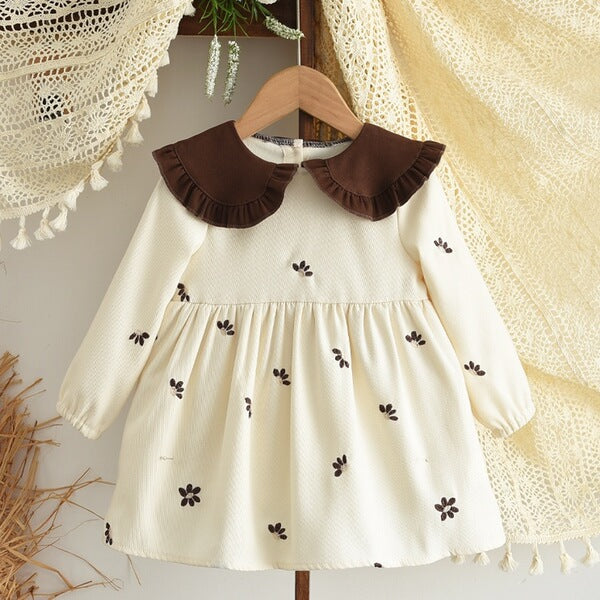 Imported Baby Girl Flower Embroidered Beige Color Lapel New Baby Girl Long-Sleeved Pullover Princess Dress