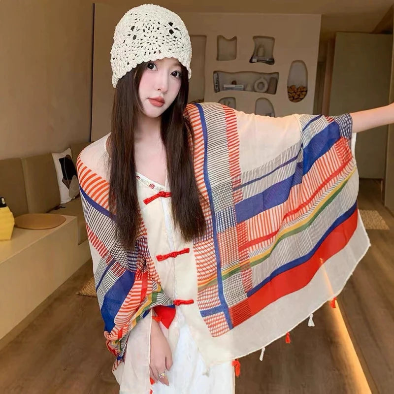 Multicoloured soft long tassel cape