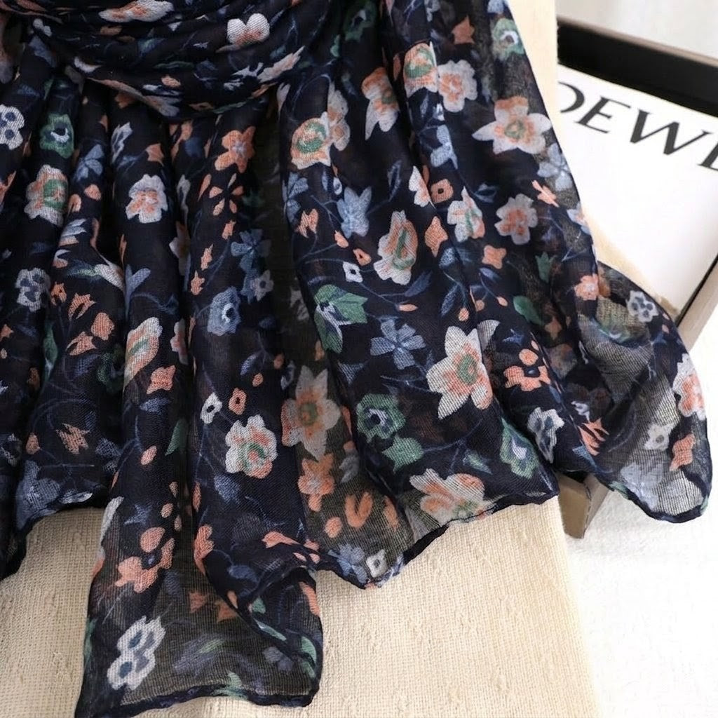 Elegant Navy Blue Floral Printed Soft Lightweight Long Hijab / Orna