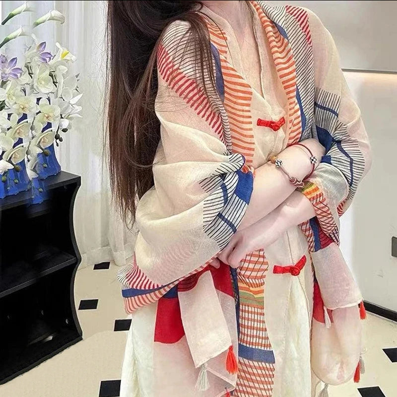 Multicoloured soft long tassel cape