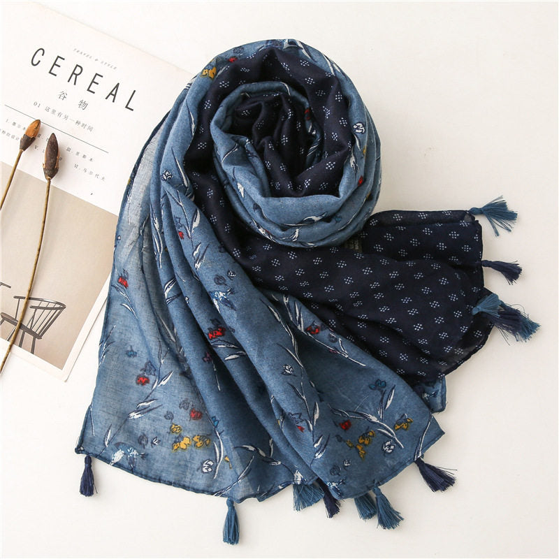 Elegant Dusty Blue Floral Printed Super Soft Long Summer Friendly Tassel Hijab / Orna