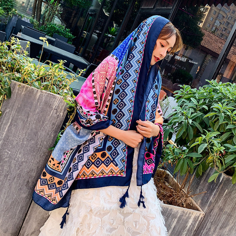 Multicolor Ethnic Style Printed Long Tassel Hijab / Orna