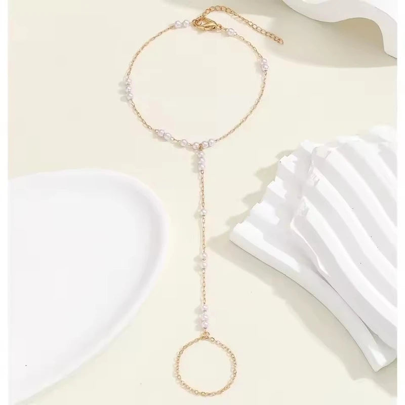 Pearl Link Bracelet Finger Ring For Women Connecting Ring Bracelet Chain Bracelet