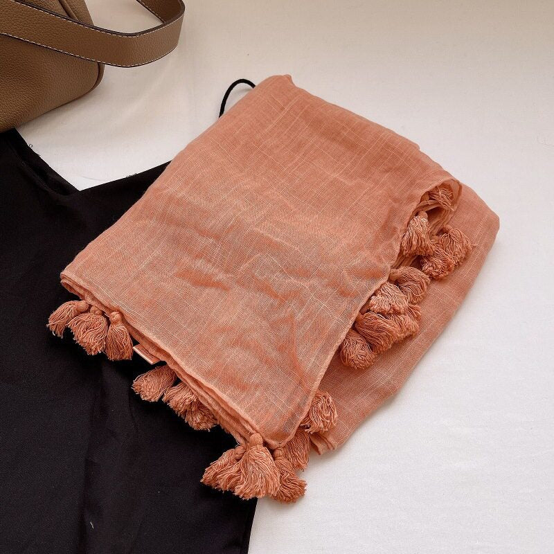 Fashionable Orange Color Fringed Vintage-Style Imported Super Soft Long Summer Friendly Tassel Cotton Hijab / Orna