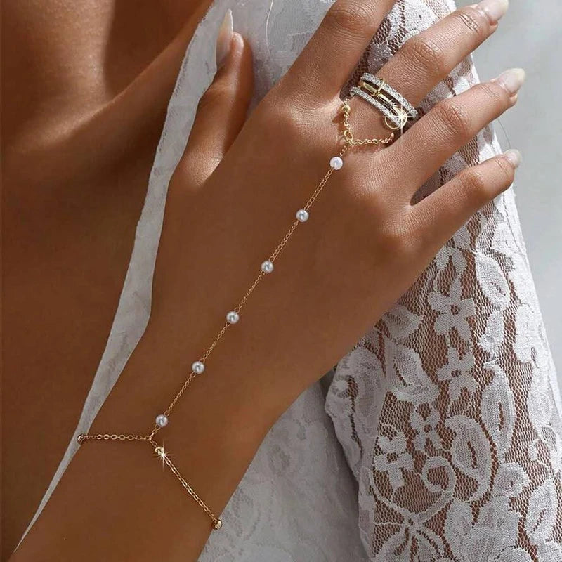 Imported Pearl Link Bracelet Finger Ring For Women Connecting Ring Bracelet Chain Bracelet