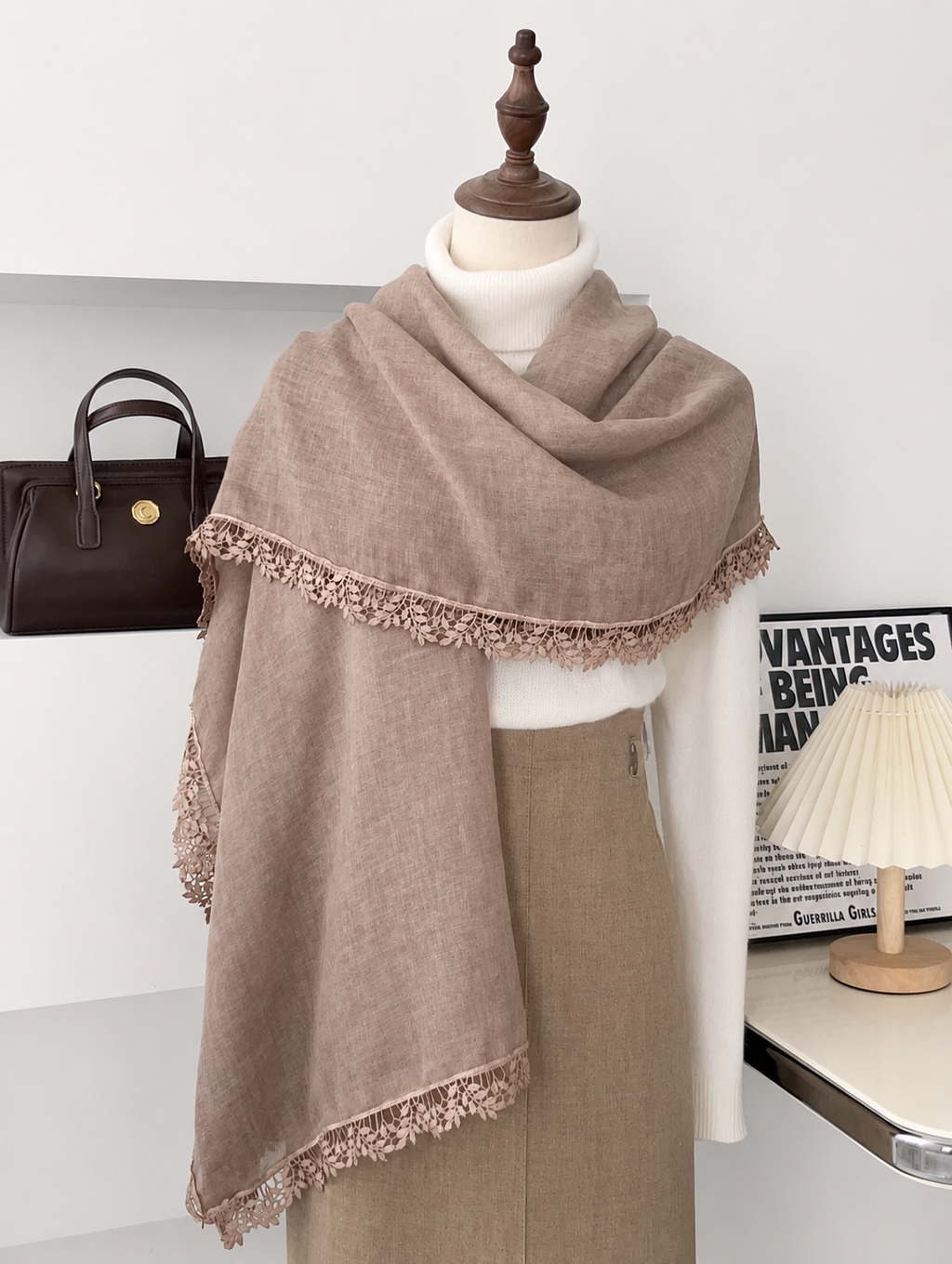 Stunning Khaki Color Artistic Lace Edged Imported Premium Summer Friendly Cotton Hijab / Orna