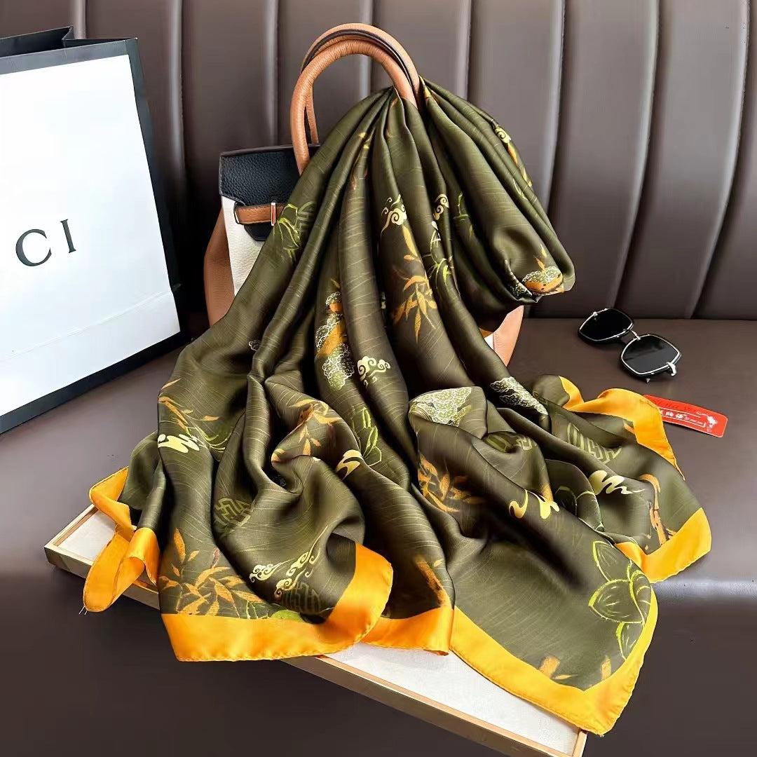 Elegant floral printed olive color silk hijab / orna