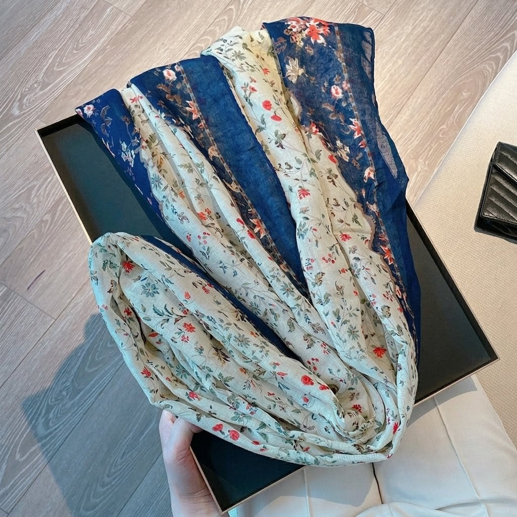 Elegant Navy Blue Floral Printed Imported Summer Friendly Long Tassel Hijab / Orna