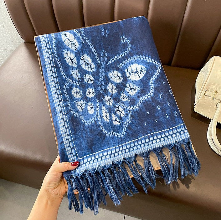 Ethnic Tie-Dye Style Buckle Women's Travel Sun Protection Yunnan Blue and White Literature Art Chinese Scarf / Hijab