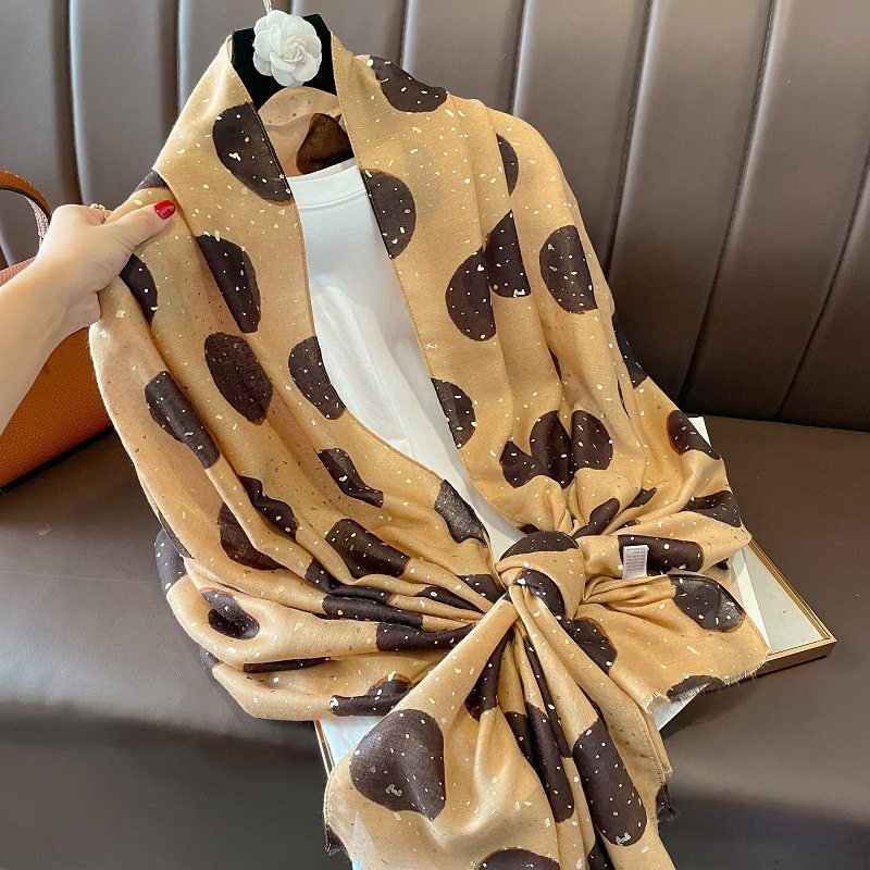 Beautiful Khaki Color Polka Dot Printed Bronzing Color High Quality Imported Long Soft Party Hijab / Orna