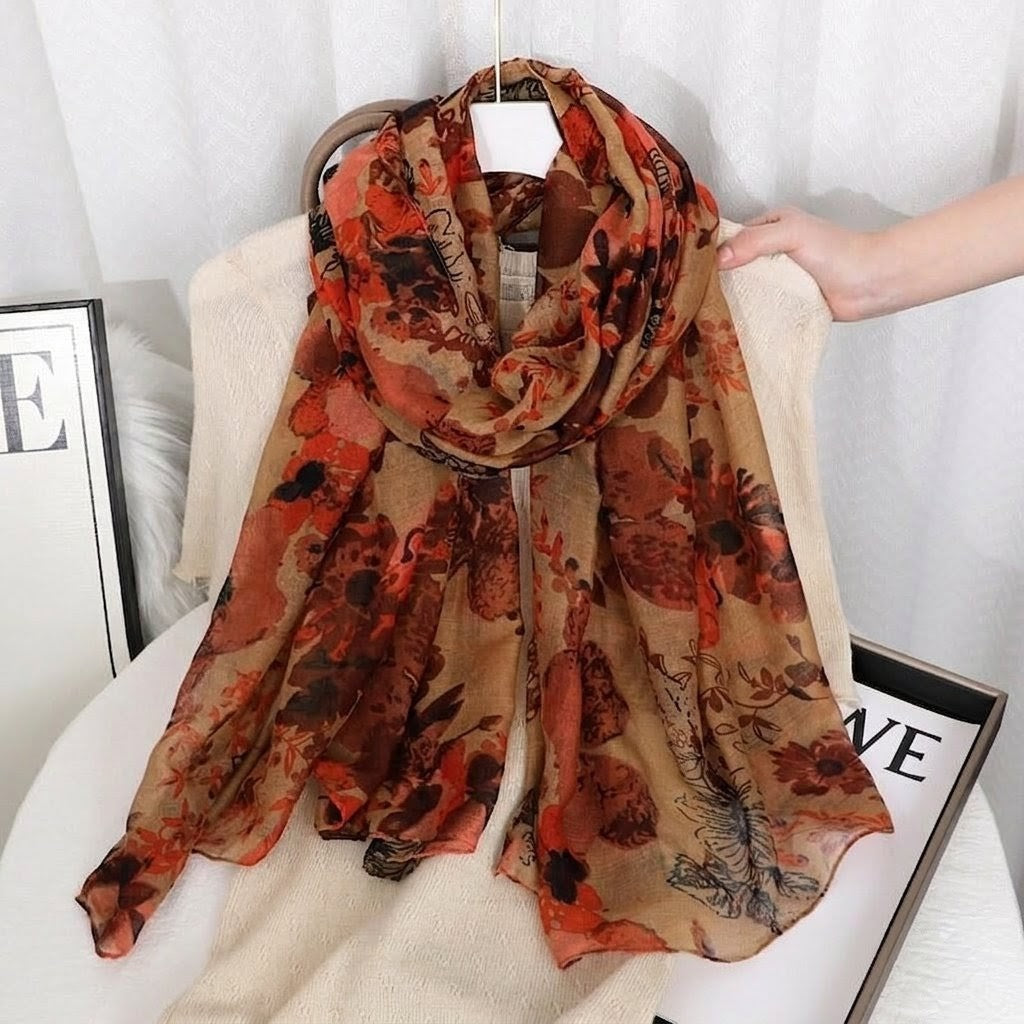 Beautiful Apricot Yellow Floral Printed Soft Lightweight Long Hijab / Orna
