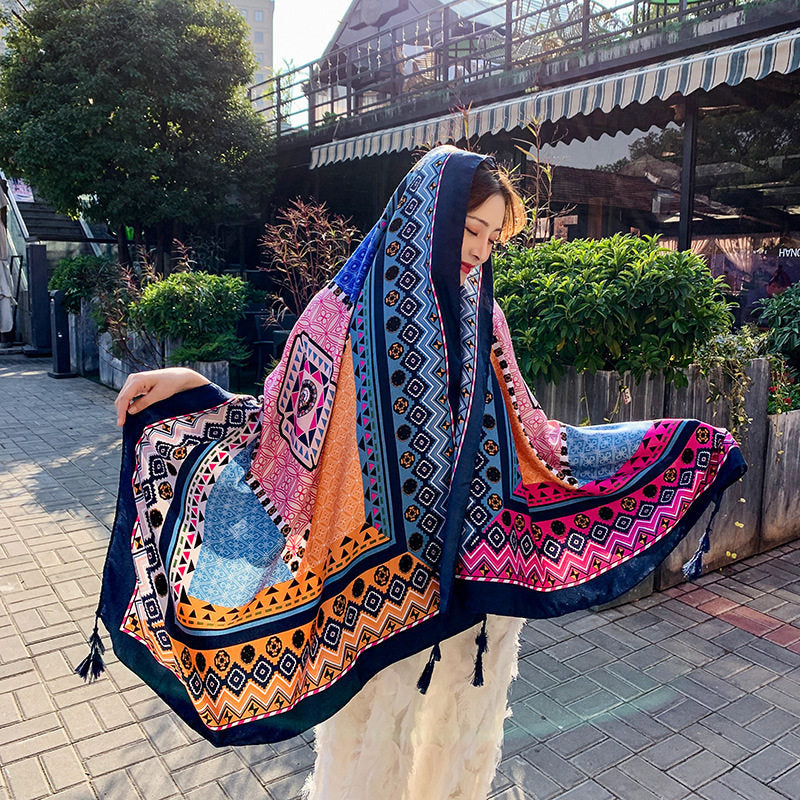 Multicolor Ethnic Style Printed Soft Long Summer Friendly Tassel Hijab / Orna