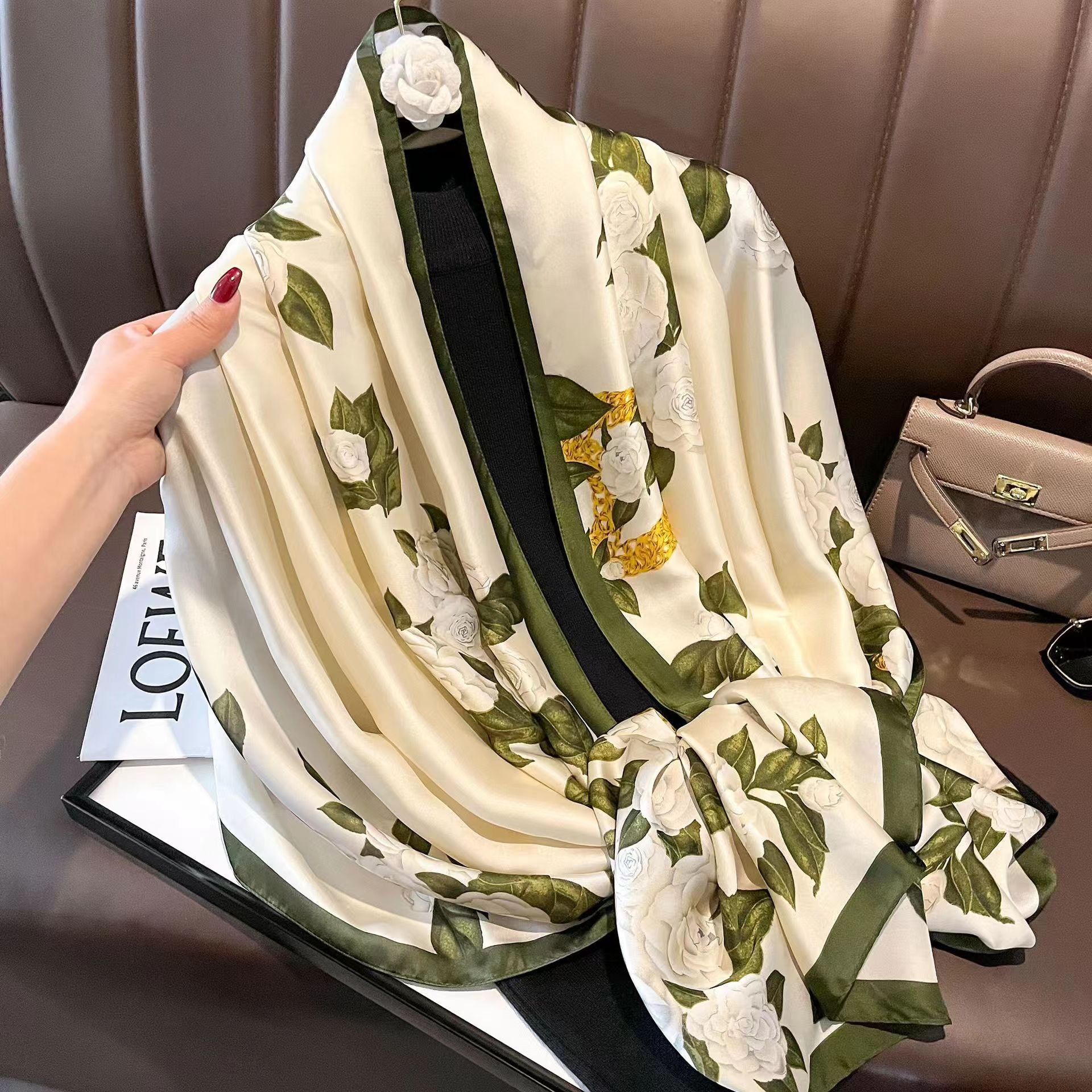 Floral printed green silk hijab / orna