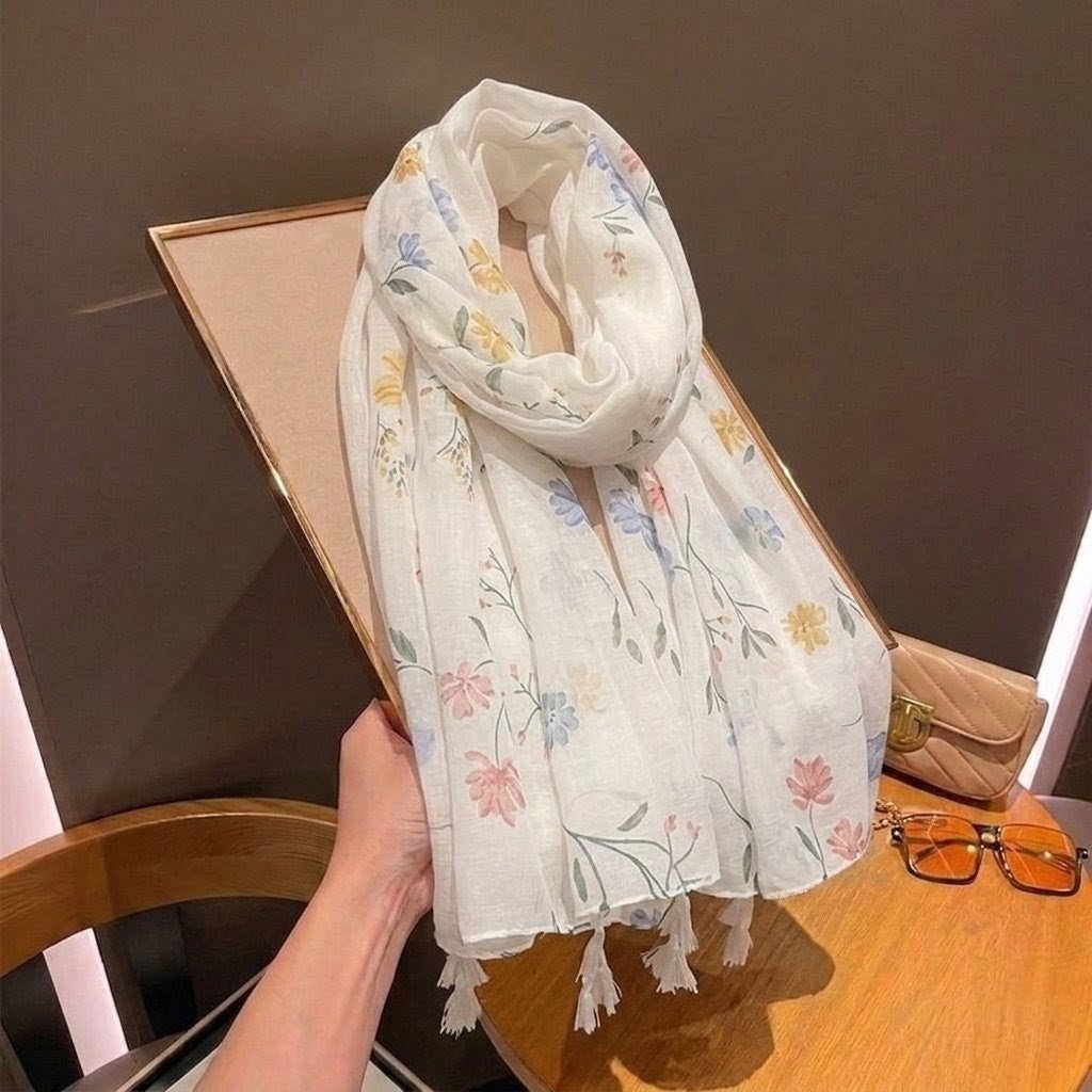 Colorful Floral Printed Super Soft Summer Friendly Imported Long Tassel Hijab / Orna