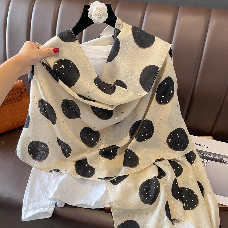 Sophisticated Creamy White Polka Dot Printed Bronzing Color High Quality Imported Long Soft Party Hijab / Orna
