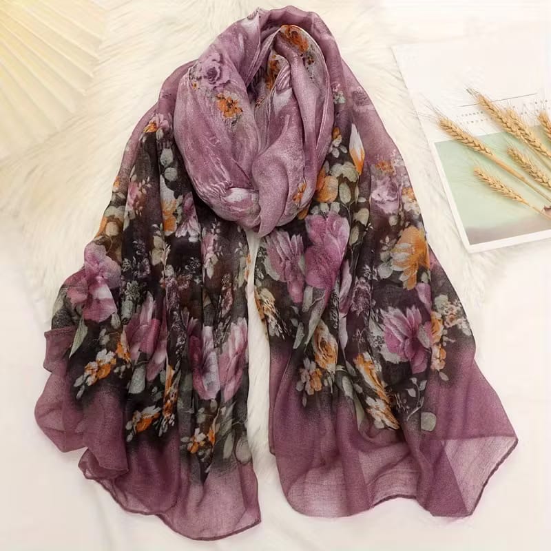 Beautiful Purple Color Floral Printed Soft Lightweight Long Hijab / Orna
