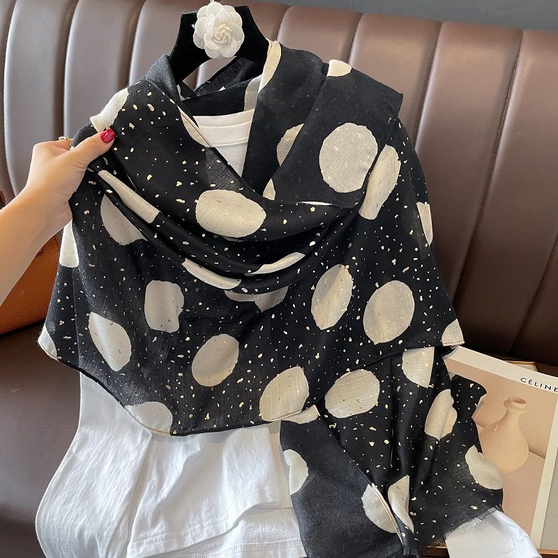 Elegant Black Color Polka Dot Printed Bronzing Color High Quality Imported Long Soft Party Hijab / Orna
