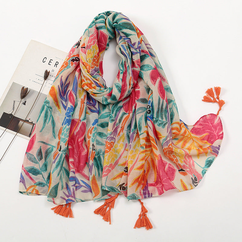 Imported colorful floral patterned soft long tassel hijab / orna