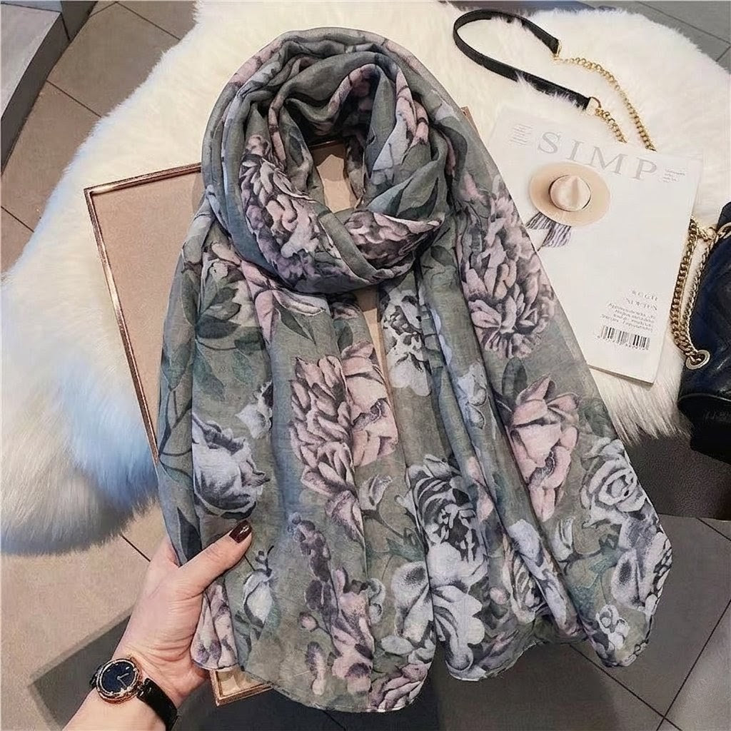 Elegant Gray Color Floral Patterned Soft Lightweight Long Hijab / Orna